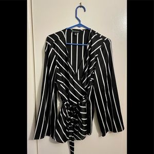 XL INC Black & White Striped Silky Wrap Top